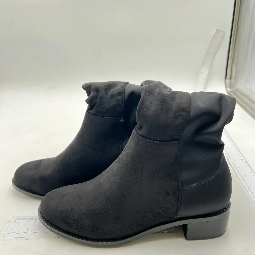 Black Women's Pull On Over The Knee Boot Round Toe Suede Knee High Low Heel Shoe